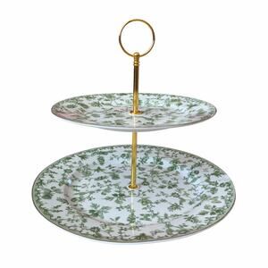 Grace Teaware Fine Porcelain Green Floral 2 Tier Service Tray NEW